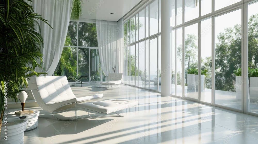 Modern White Interior Room with Sliding Window and Nature View Modern White Interior Room with Sliding Window and Nature View