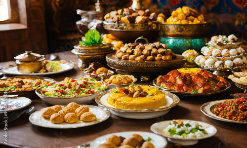 a large table with national Kazakh food and sweets image