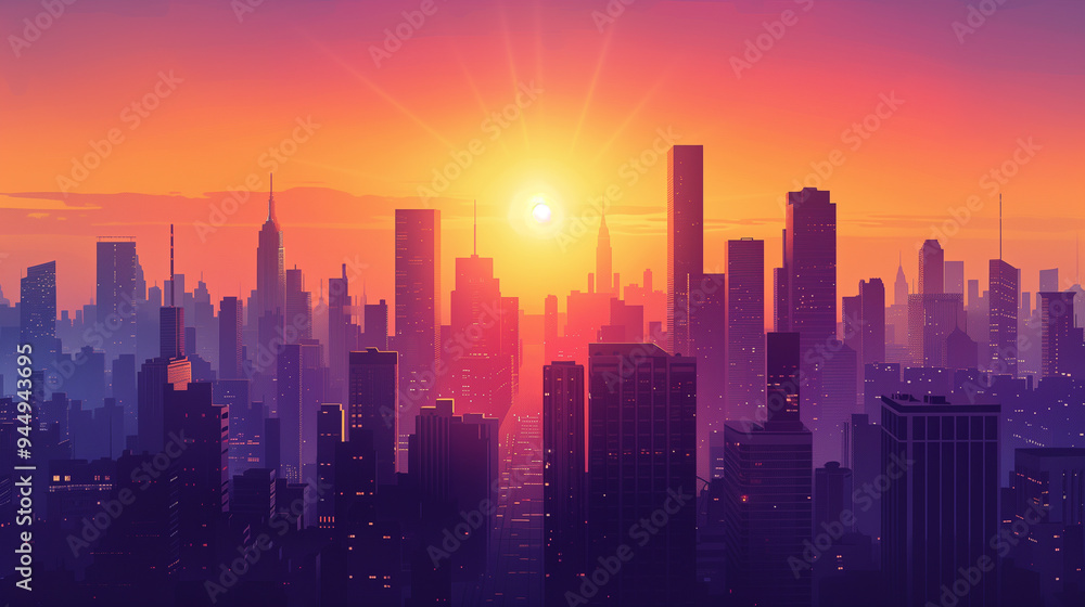 Vibrant city skyline at sunset with colorful skyscrapers and glowing lights Vibrant city skyline at sunset with colorful skyscrapers and glowing lights