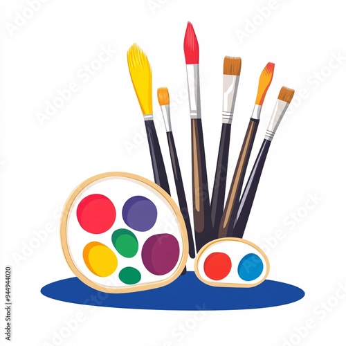 240805 238. A simple vector icon illustration depicting the group of creative tools at center for a website isolated white background with paintbrushes and color palette