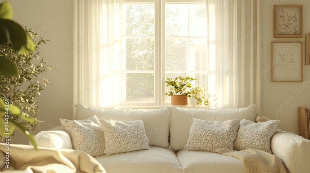 Fototapeta premium Bright living room featuring a sofa with Scandinavian interior design elements 3D rendering