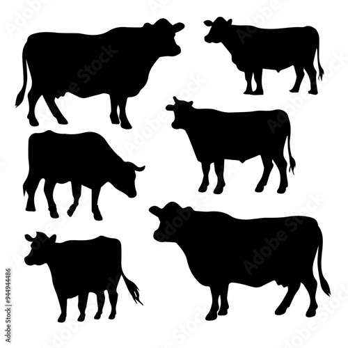 Set of cow silhouette on white background