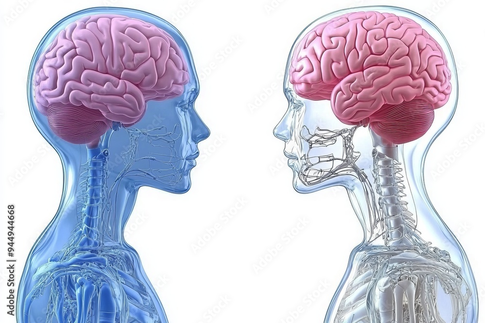 Two heads with colorful brain puzzle illustrating the complex assembly of human thoughts and personality Two heads with colorful brain puzzle illustrating the complex assembly of human thoughts and personality