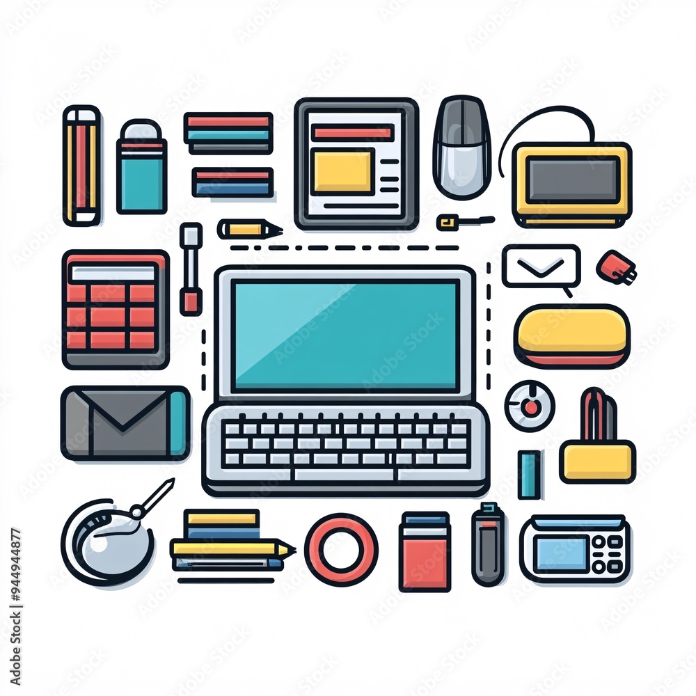 240805 243. A simple vector icon illustration depicting the group of digital workspace elements at center for a website isolated white background with laptop and office accessories 240805 243. A simple vector icon illustration depicting the group of digital workspace elements at center for a website isolated white background with laptop and office accessories