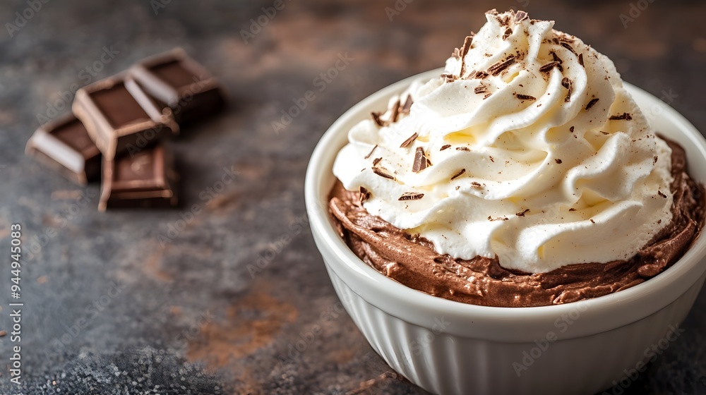 A rich and creamy chocolate mousse topped with silky whipped cream presented in a beautiful dish This indulgent gourmet dessert is perfect for special occasions dinner parties A rich and creamy chocolate mousse topped with silky whipped cream presented in a beautiful dish This indulgent gourmet dessert is perfect for special occasions dinner parties