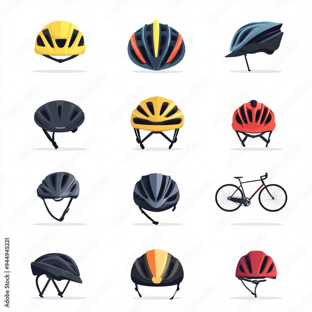 240805 247. A simple vector icon illustration depicting the group of bicycle helmet designs at center for a website isolated white background with various safety equipment icons 240805 247. A simple vector icon illustration depicting the group of bicycle helmet designs at center for a website isolated white background with various safety equipment icons