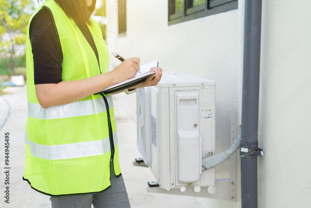 Women home inspection surveyor and writing note on clipboard to Condenser air conditioner,Tube Women home inspection surveyor and writing note on clipboard to Condenser air conditioner,Tube
