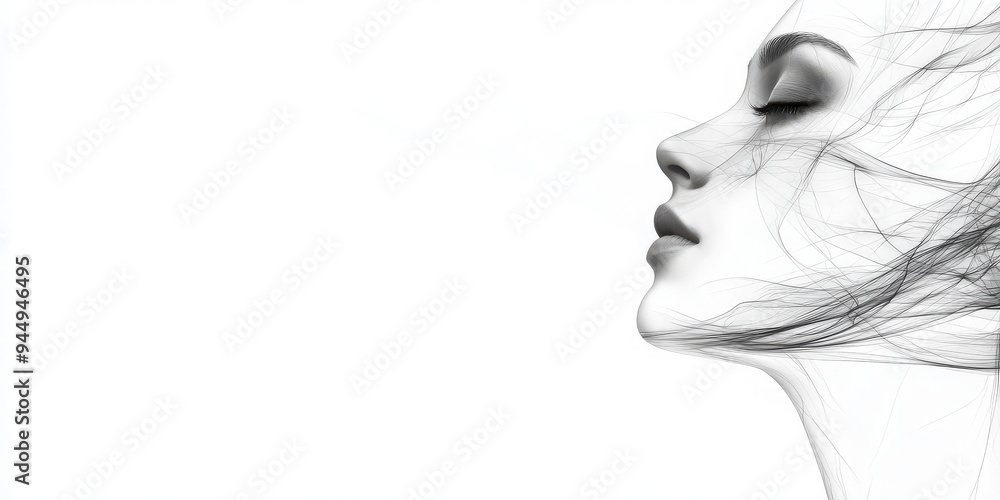 Elegant black and white profile portrait of serene woman with flowing hair and closed eyes, evoking beauty, peace, and calm. Elegant black and white profile portrait of serene woman with flowing hair and closed eyes, evoking beauty, peace, and calm.
