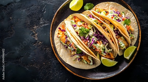 Delectable plate of homemade Mexican inspired fish tacos featuring a bed of crisp cabbage slaw topped with tender fish and finished with a vibrant garnish of fresh lime wedges photo