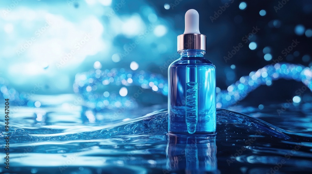 Blue Bubble Liquid Skin Serum with Collagen and Vitamins on Water Surface DNA themed Cosmetic Background 3D Rendering Blue Bubble Liquid Skin Serum with Collagen and Vitamins on Water Surface DNA themed Cosmetic Background 3D Rendering