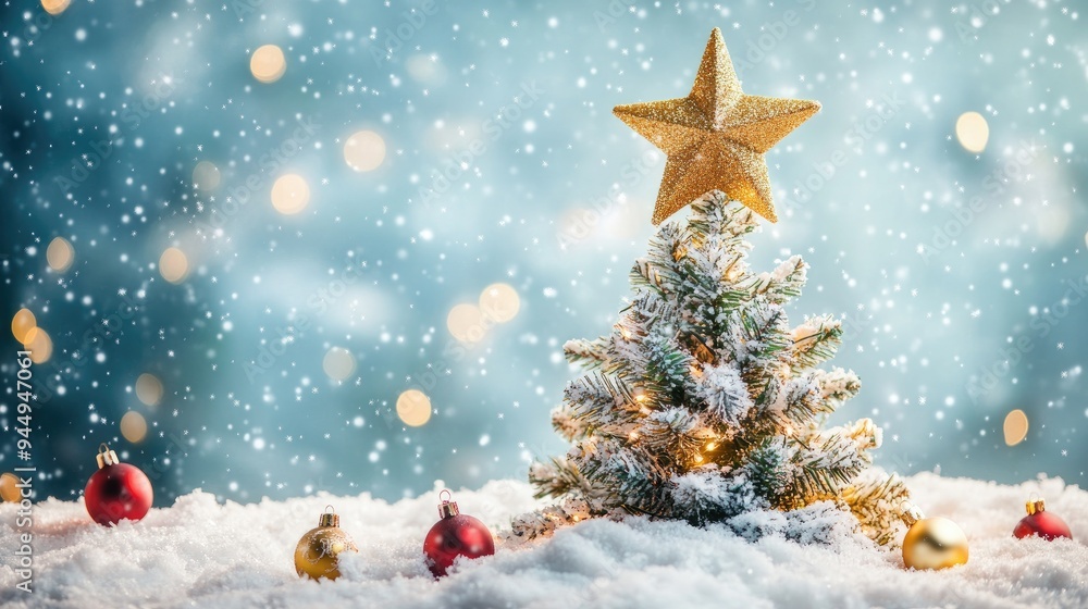 Decorated Christmas tree topped with a golden star surrounded by snow and festive ornaments Decorated Christmas tree topped with a golden star surrounded by snow and festive ornaments