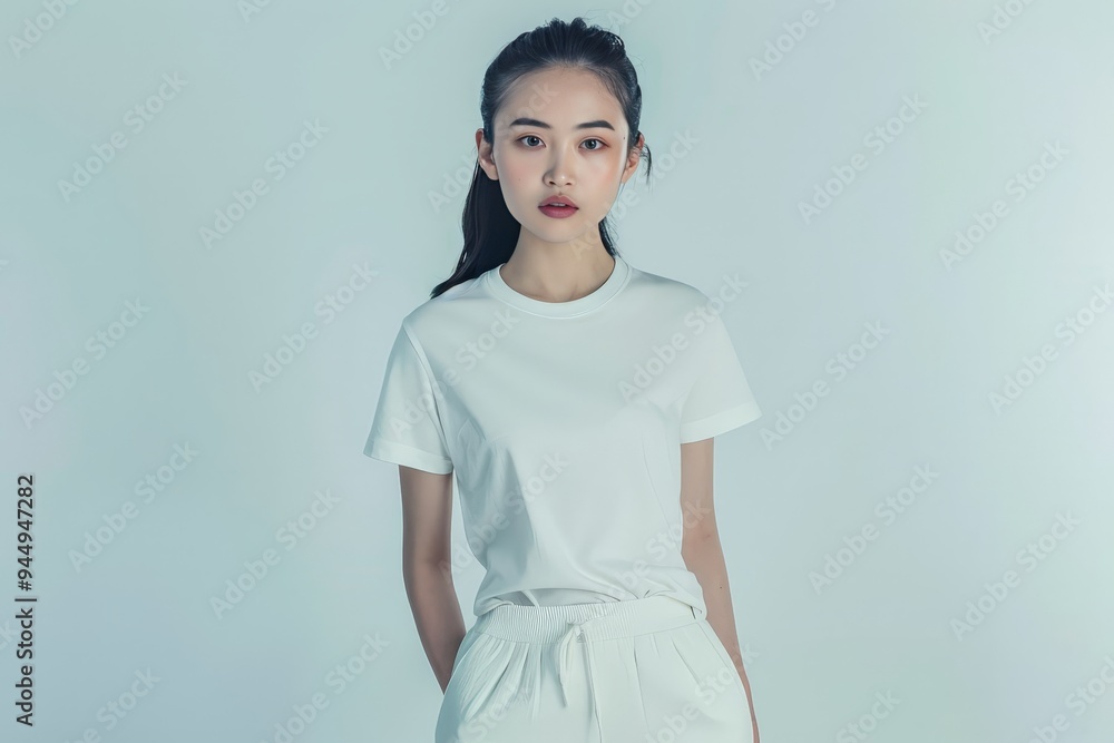 A Chinese model poses for a full-body portrait, wearing a casual T-shirt, shorts, and sneakers. A Chinese model poses for a full-body portrait, wearing a casual T-shirt, shorts, and sneakers.