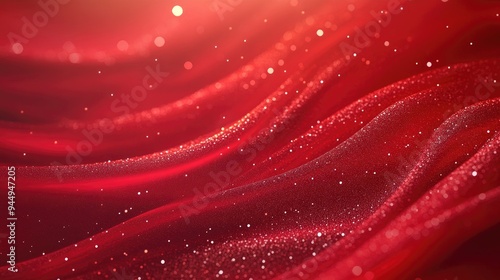 Abstract red background featuring elegant glitter and flowing wave patterns