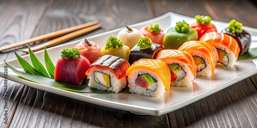 Sushi arranged beautifully on a white plate in a Japanese restaurant Sushi arranged beautifully on a white plate in a Japanese restaurant