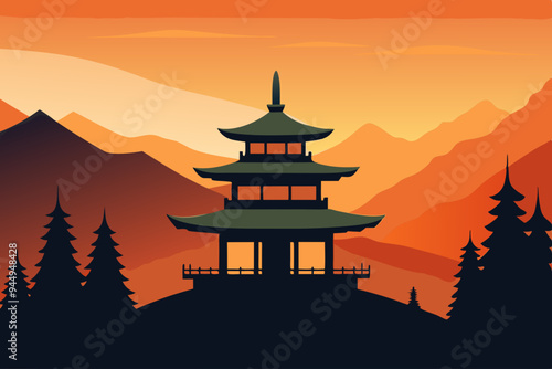 village temple silhouette vector illustration