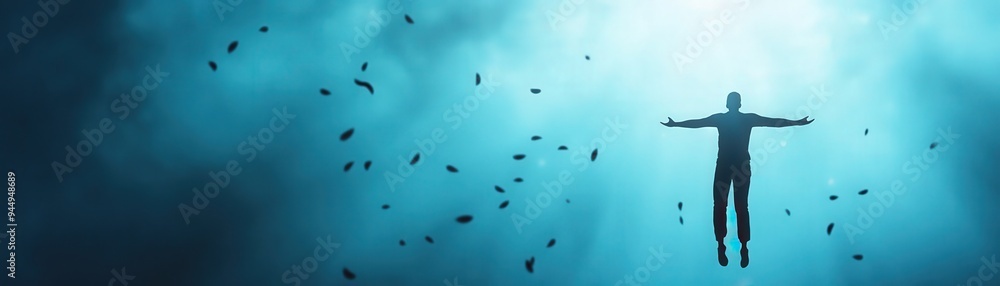 Person underwater in a serene blue ocean, surrounded by fish, arms outstretched in peaceful exploration and wonder, feeling free and connected. Person underwater in a serene blue ocean, surrounded by fish, arms outstretched in peaceful exploration and wonder, feeling free and connected.