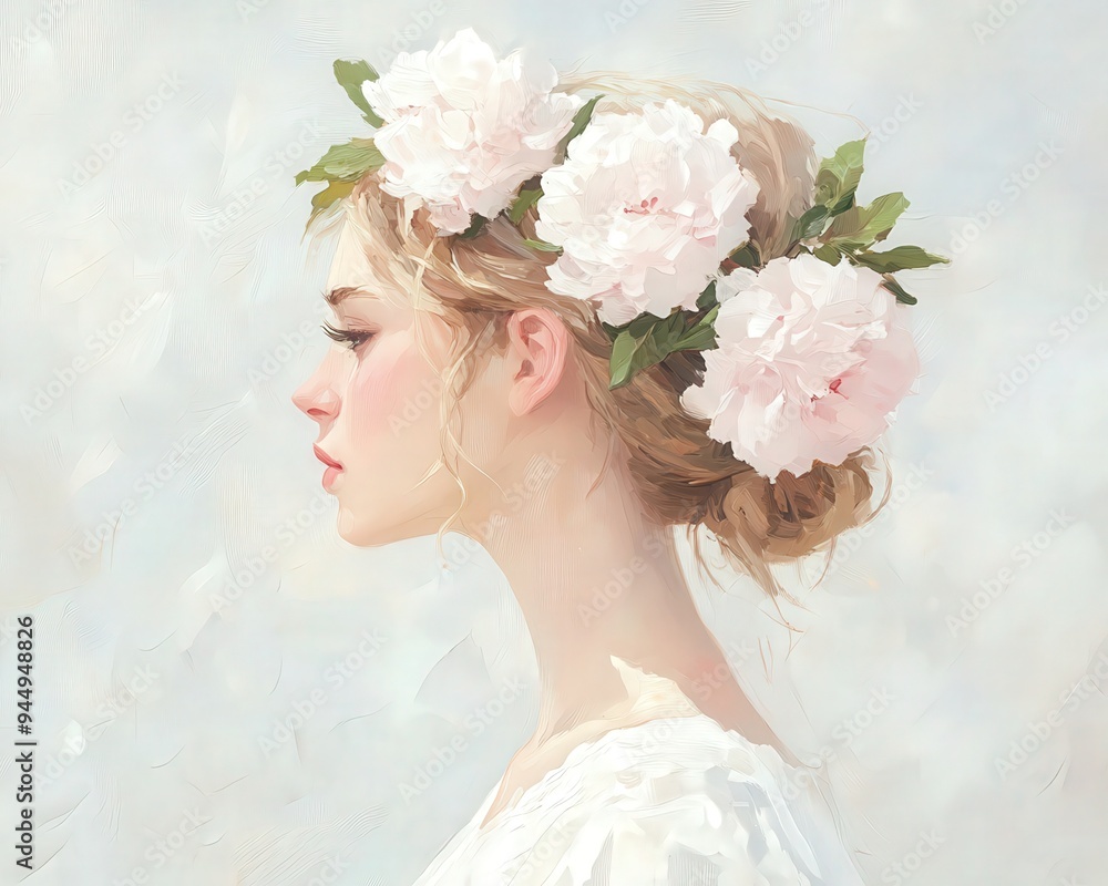 Naklejka premium Profile of a young woman wearing a floral crown with soft peonies, evoking a sense of tranquility and elegance.