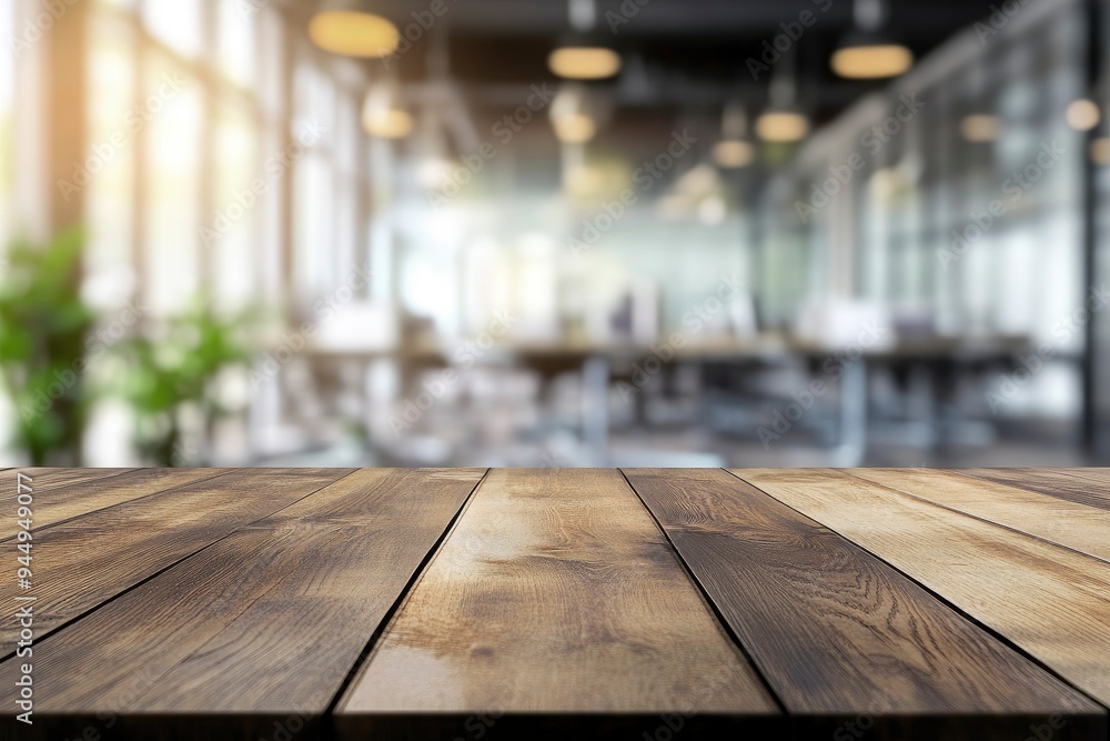 Empty wooden table top in front of a blurred background, showcasing a stylish office meeting area, ideal for business advertising presentations, ai Empty wooden table top in front of a blurred background, showcasing a stylish office meeting area, ideal for business advertising presentations, ai