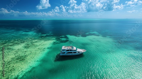 Large pleasure craft is anchored on a shallow reef during a beautiful day.