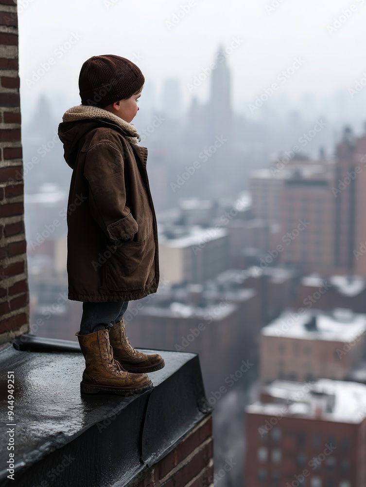A child stands precariously on the edge of an urban rooftop, gazing at a distant, foggy cityscape, evoking themes of adventure and solitude. A child stands precariously on the edge of an urban rooftop, gazing at a distant, foggy cityscape, evoking themes of adventure and solitude.