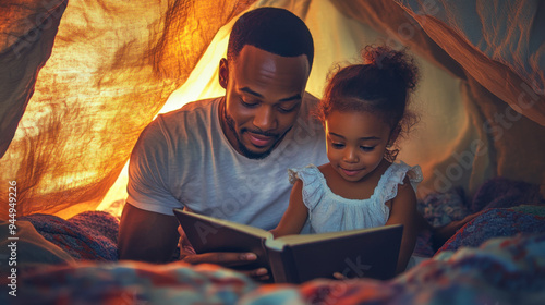 Black man and his daughter reading together under a blanket fort, with a whimsical, artistic