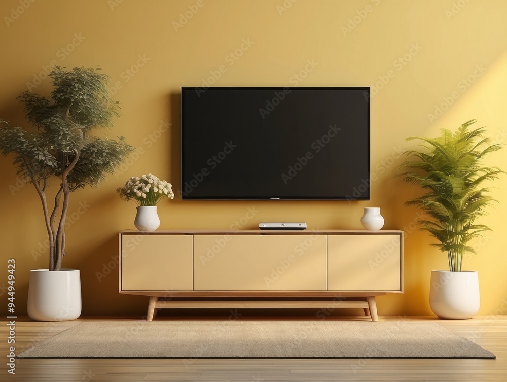 Modern Living Room Interior with TV, Cabinet, and Plants Modern Living Room Interior with TV, Cabinet, and Plants