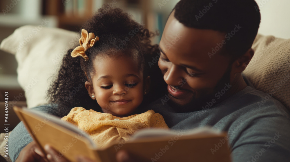 Black man and his daughter sitting together on a cozy couch, enjoying a storybook with a soft, Black man and his daughter sitting together on a cozy couch, enjoying a storybook with a soft,