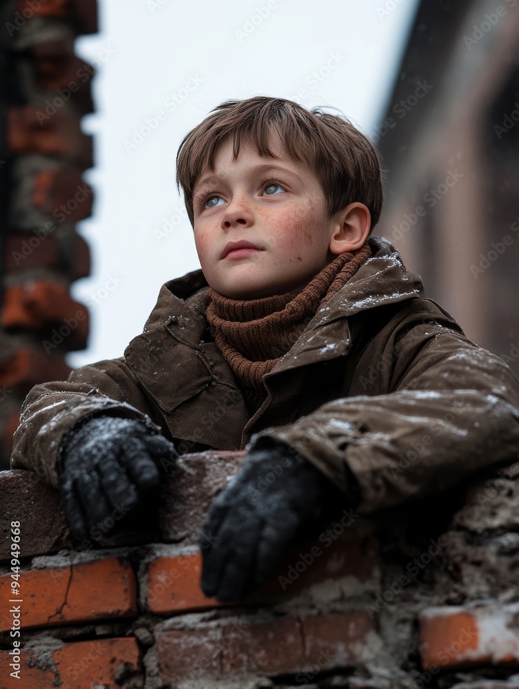 A young boy in winter clothing, standing in the snow, gazing thoughtfully, set against a backdrop of urban ruins, capturing a sense of nostalgia. A young boy in winter clothing, standing in the snow, gazing thoughtfully, set against a backdrop of urban ruins, capturing a sense of nostalgia.