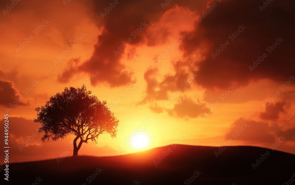 Stunning sunset landscape with a solitary tree on a hill, vibrant orange sky, and dramatic clouds creating a serene and picturesque scene. Stunning sunset landscape with a solitary tree on a hill, vibrant orange sky, and dramatic clouds creating a serene and picturesque scene.