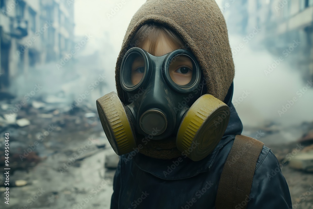 Child wearing gas mask standing in destroyed city pollution concept Child wearing gas mask standing in destroyed city pollution concept