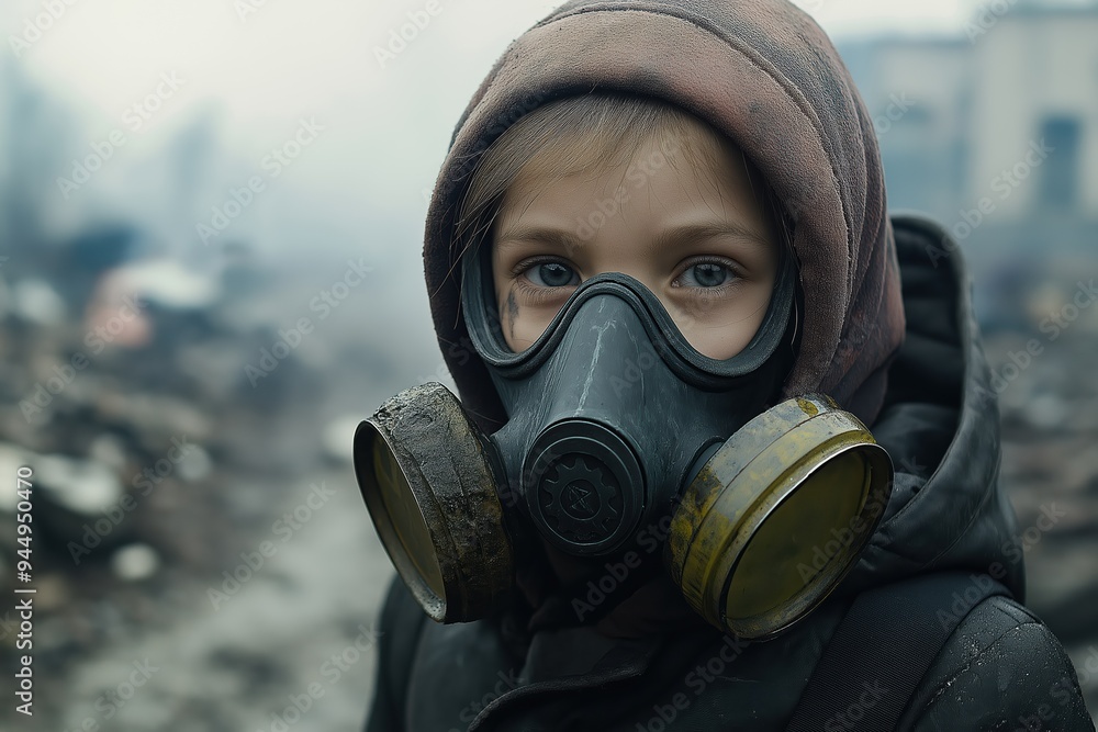 Young refugee wearing gas mask standing amid rubble Young refugee wearing gas mask standing amid rubble