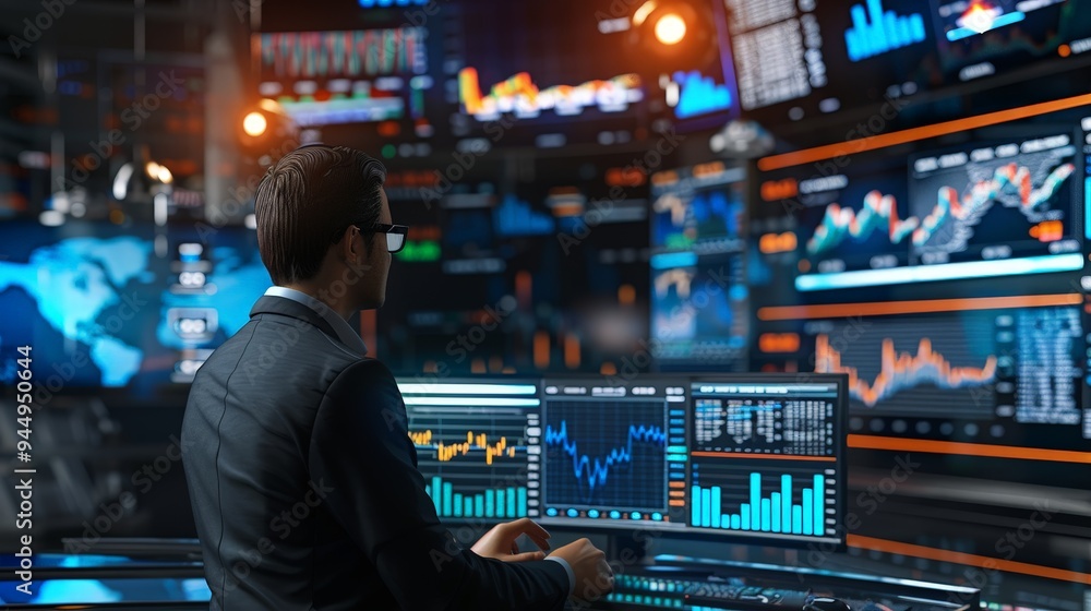 A news anchor discussing the latest financial market trends, with charts, graphs, and live updates on stock prices and economic indicators displayed in the studio A news anchor discussing the latest financial market trends, with charts, graphs, and live updates on stock prices and economic indicators displayed in the studio