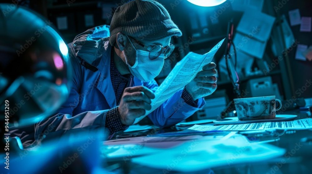 A news team conducting an investigative report, examining documents and