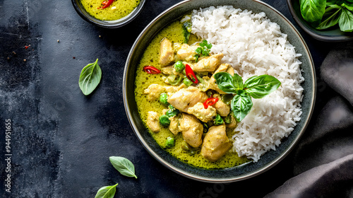 An overhead shot of Green Curry Chicken, accompanied by a side of steaming jasmine rice photo