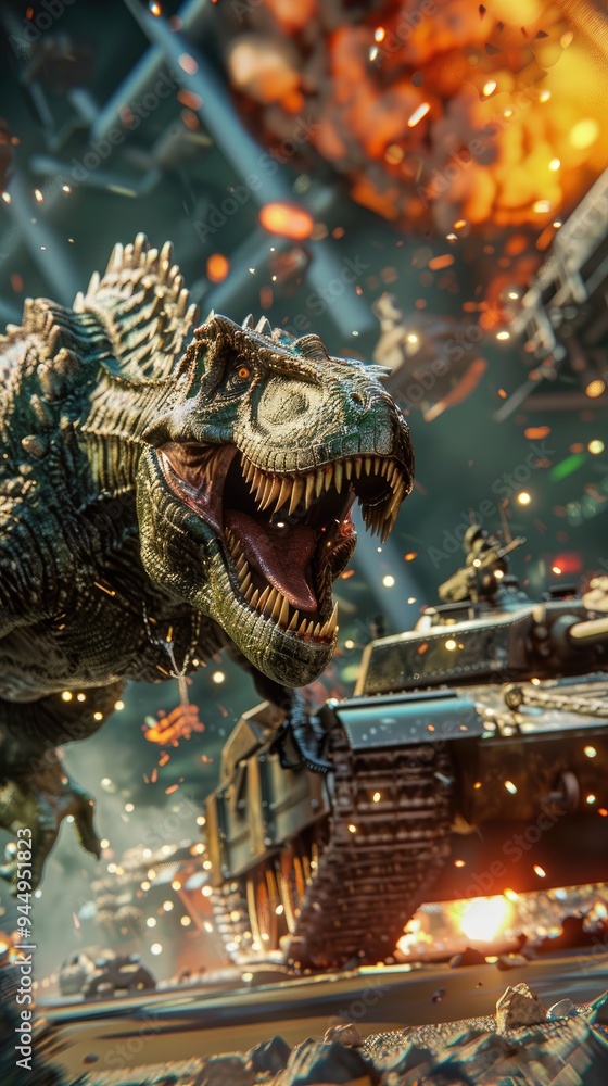Fototapeta premium A dinosaur stands over a tank in a futuristic battlefield.