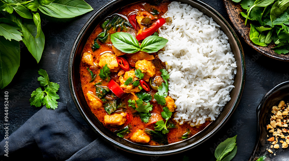 An overhead shot of Jungle Curry, accompanied by a side of sticky rice and fresh herbs, showcasing the bold An overhead shot of Jungle Curry, accompanied by a side of sticky rice and fresh herbs, showcasing the bold