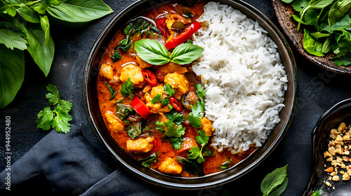 An overhead shot of Jungle Curry, accompanied by a side of sticky rice and fresh herbs, showcasing the bold photo