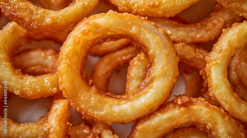 Crispy fried Onion rings in warm tone, Close-up, ratio 16:9 Crispy fried Onion rings in warm tone, Close-up, ratio 16:9