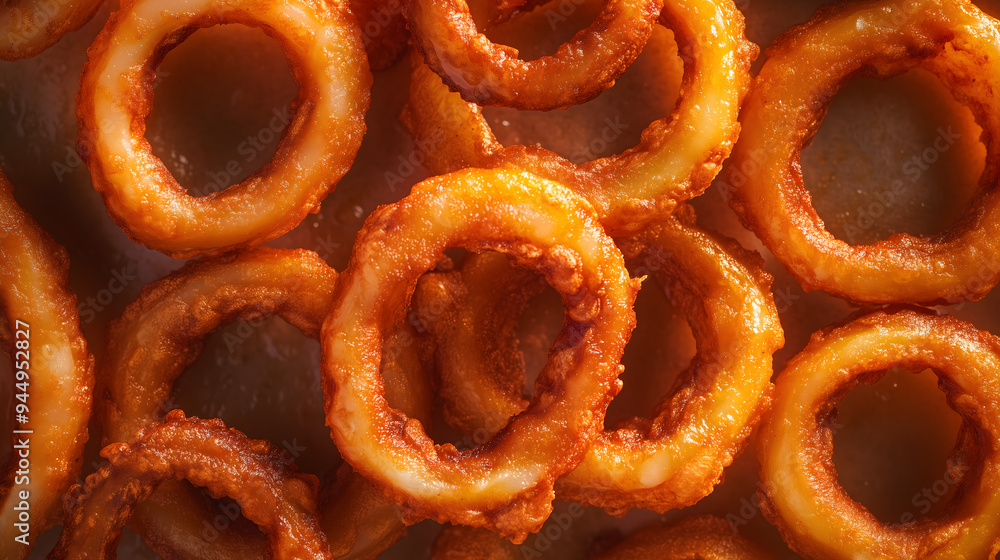 Crispy fried Onion rings in warm tone, Close-up, ratio 16:9 Crispy fried Onion rings in warm tone, Close-up, ratio 16:9