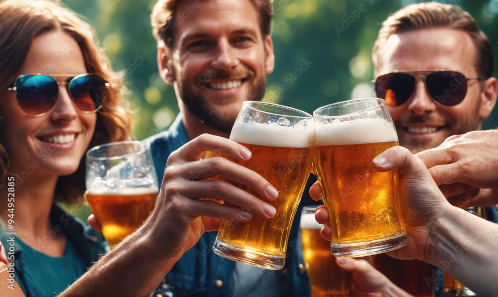 Friends raise their beers in a toast on a sunny day Friends raise their beers in a toast on a sunny day