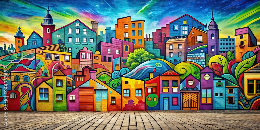 Colorful graffiti-style of a vibrant town , urban, street art, spray paint, tags, vibrant, cityscape, modern Colorful graffiti-style of a vibrant town , urban, street art, spray paint, tags, vibrant, cityscape, modern