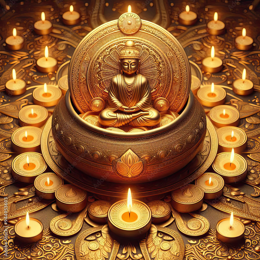 Happy Dhanteras Background Illustration. Having Marigolds flowers, Diya, Gold coin Happy Dhanteras Background Illustration. Having Marigolds flowers, Diya, Gold coin
