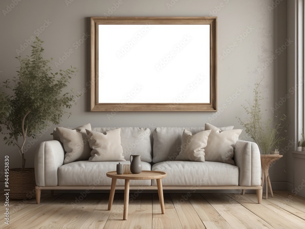 Minimalist Living Room with White Sofa, Wooden Frame, and Side Table Minimalist Living Room with White Sofa, Wooden Frame, and Side Table
