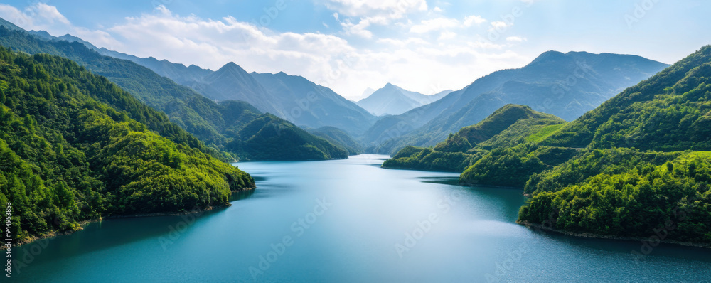 A serene mountain reservoir surrounded by lush, green hills and distant mountains under a partly cloudy sky. A serene mountain reservoir surrounded by lush, green hills and distant mountains under a partly cloudy sky.