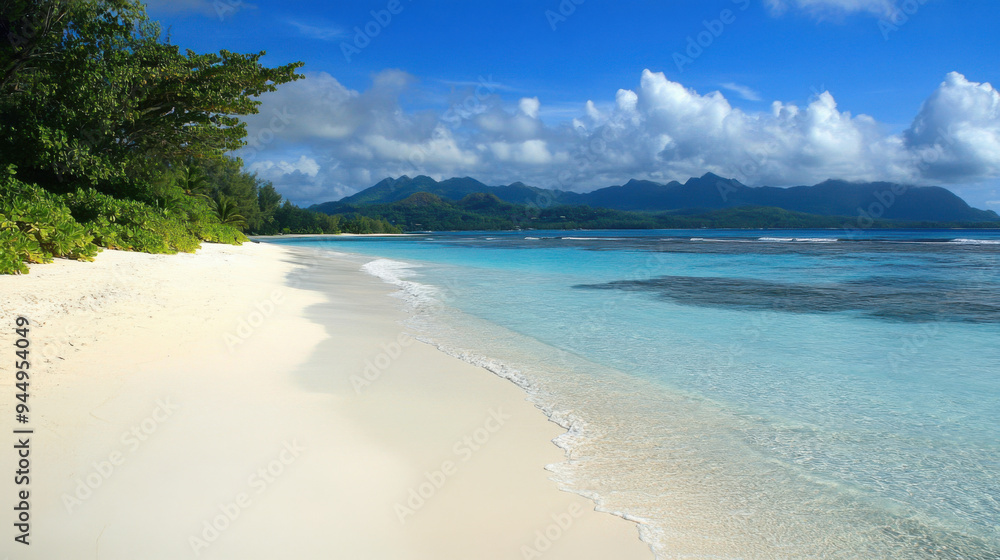 Breathtaking Seychelles beach with soft white sand and crystal-clear waters stretching Breathtaking Seychelles beach with soft white sand and crystal-clear waters stretching