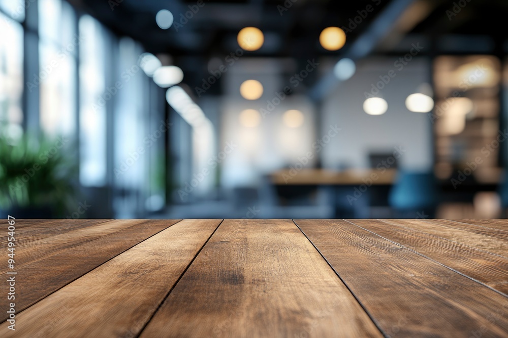 Empty wooden table top in front of a blurred background, showcasing a stylish office meeting area, ideal for business advertising presentations, ai Empty wooden table top in front of a blurred background, showcasing a stylish office meeting area, ideal for business advertising presentations, ai