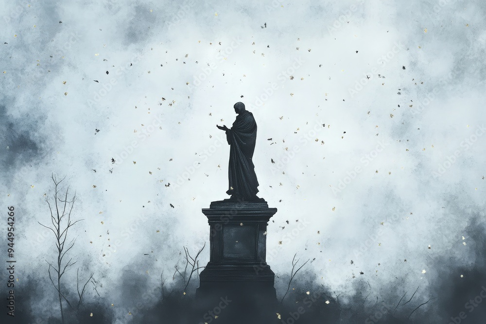 A haunting statue silhouetted against a misty backdrop, evoking themes of mystery and contemplation in a serene atmosphere. A haunting statue silhouetted against a misty backdrop, evoking themes of mystery and contemplation in a serene atmosphere.