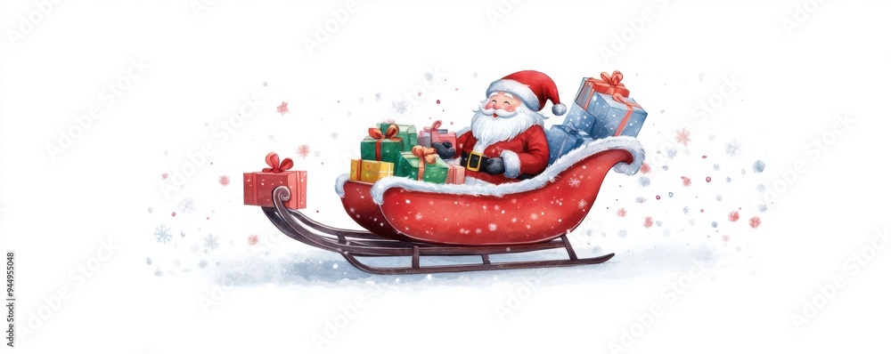 Santa Claus's sleigh, fully loaded with colorful gifts, set against a white background Santa Claus's sleigh, fully loaded with colorful gifts, set against a white background