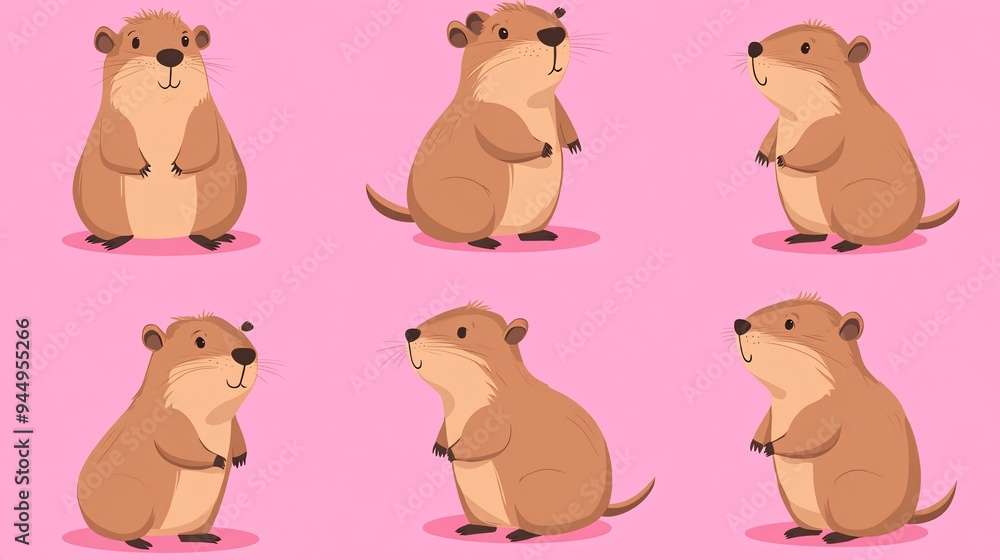 Cartoon capybaras in various playful poses on a pink background Cartoon capybaras in various playful poses on a pink background