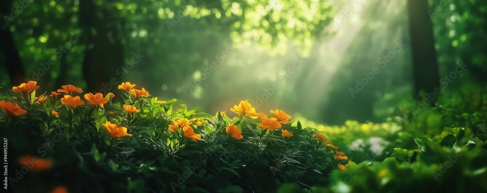 Obraz premium A serene forest scene with vibrant orange flowers illuminated by rays of sunlight filtering through lush greenery.